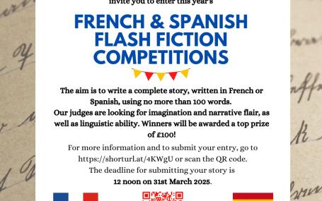 A poster for the Flash Fiction Competitions containing key details and a QR code which links to more information.