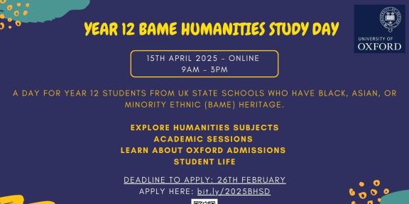 Poster for the BAME Humanities Study Day with all the key event details and a QR code for registering